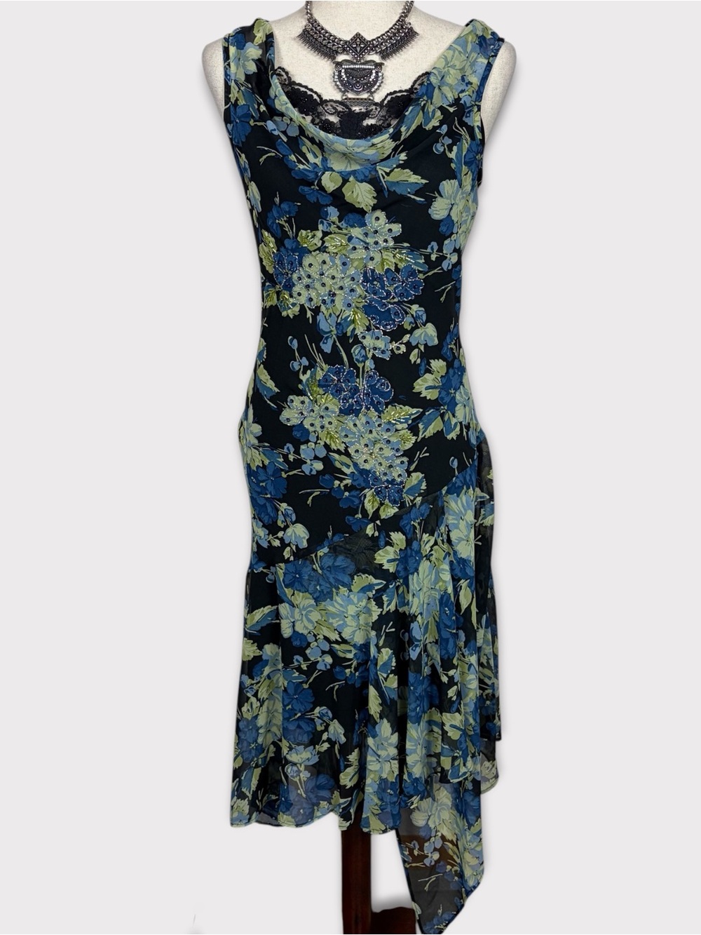Y2k Beaded Fairy Lace Asymmetrical Hem Dress Medium Whimsy Whimsigoth Floral